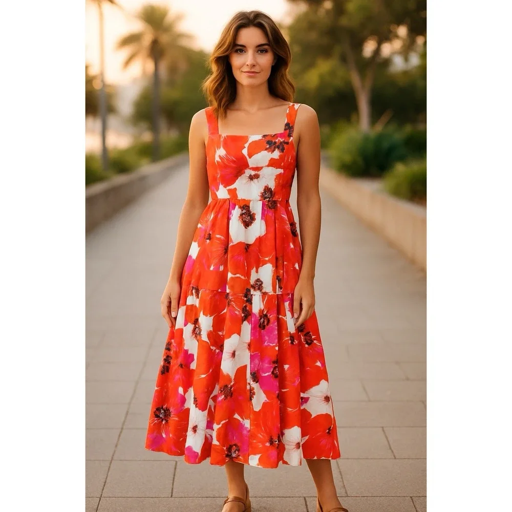Tanya Taylor Gia Dress Size 2 Red Floral Midi Silk Blend Fit Flare Sundress $545 - Picture 2 of 13